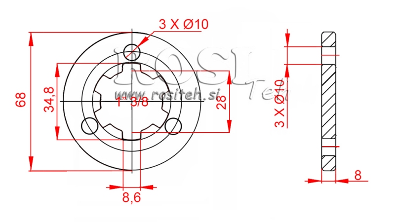 ZAPFWELLENADAPTER MIT FLANSCH 3 LÖCHER UND BOLZEN 1-3/8 (80 mm)