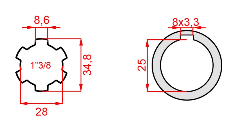 KARDANOVÝ ADAPTÉR 1-3/8 - OTVOR fi 25 mm (145 mm)