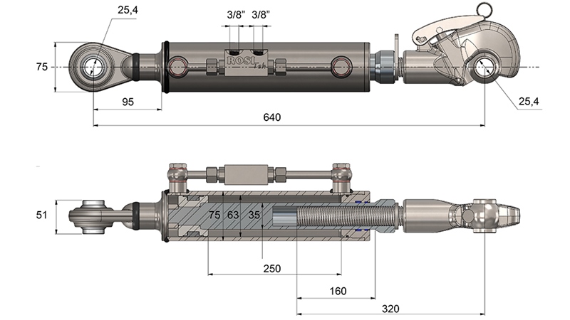 HYDRAULIKOBERLENKER MIT GEWINDEHAKEN - CAT. 2 - 63/35-250 (45-95 HP) (25,4 mm)