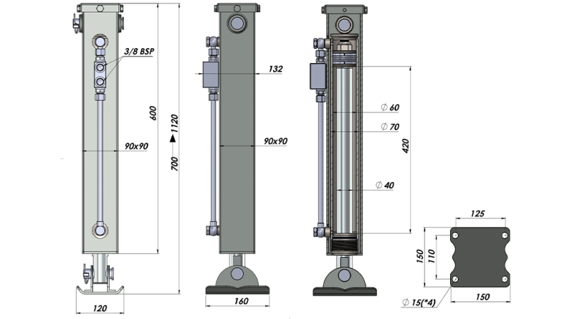 PICIOR DE SPRIJIN HIDRAULIC CU DUBLĂ ACȚIUNE (90x90x700 mm) - CURSĂ 420 mm - 2.500 kg