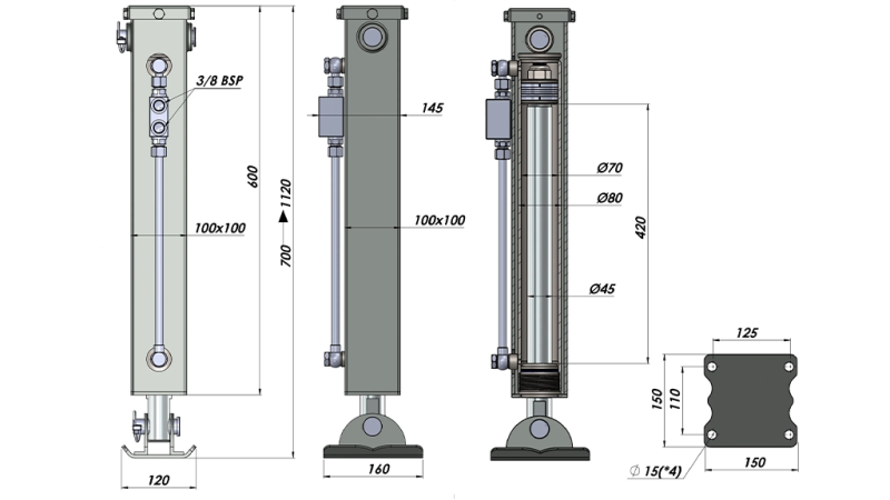 PICIOR DE SPRIJIN HIDRAULIC CU DUBLĂ ACȚIUNE (100x100x700 mm) - CURSĂ 420 mm - 5.000 kg