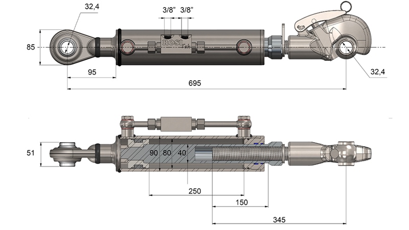 HYDRAULICKÝ SKRUTKA TRETÍ BOD AUTOMATICKÝ - CAT. 3 - 80/40-250 (+95 HP) (32,2 mm)