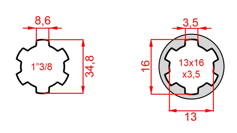 KARDANSKI NASTAVEK iz 13x16x3,5 (6 zob) na 1-3/8 (120 mm)