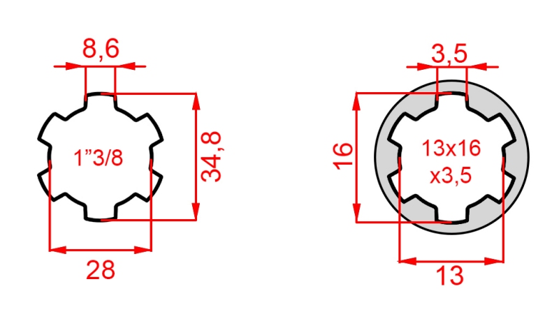 KARDANOVÝ ADAPTÉR Z 13x16x3,5 (6 DRÁŽOK) NA 1-3/8 (120 mm)