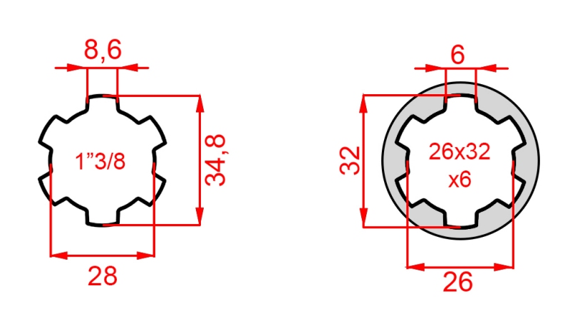 KARDANOVÝ ADAPTÉR Z 26x32x6 (6 DRÁŽOK) NA 1-3/8 (145 mm)