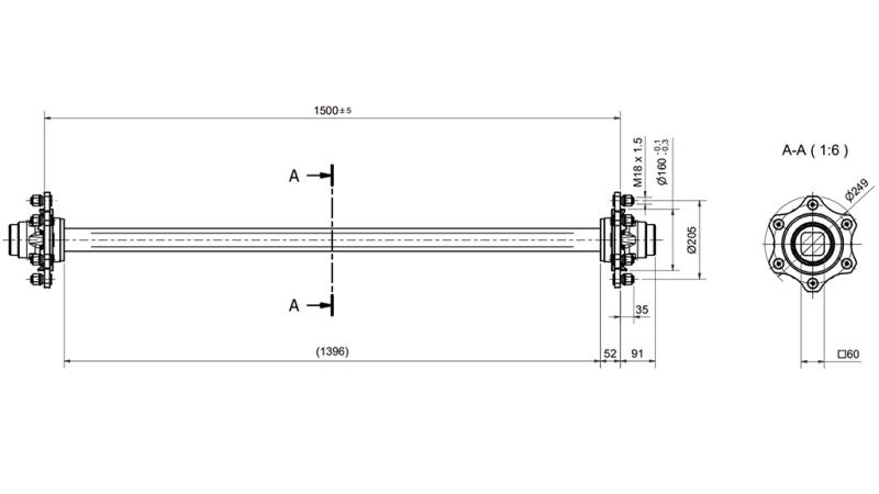 NÁPRAVA PRÍVESU 4800 kg BEZ BRZDY (1500 mm)