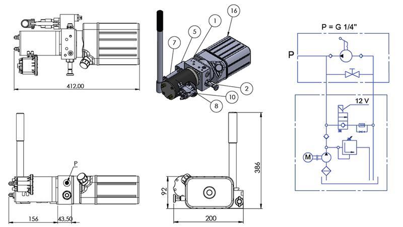 MINI HIDRAULIČKI AGREGAT 12V DC - 0.8kW = 0.5cc - 1.5 lit - jednofazna jedinica (PVC) s ručnom pumpom