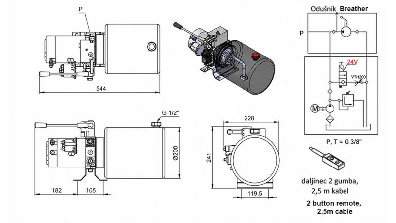 MINI HYDRAULICKÁ JEDNOTKA 24V DC - 2,2kW = 2,1cc - 8 lit - jednosmerný s ručnou pumpou