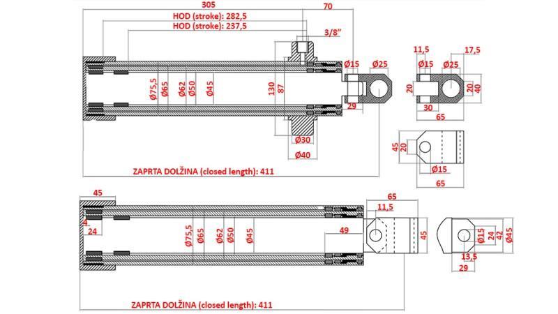TELESCOPIC CYLINDER TECHNOSTROJ stroke 520mm