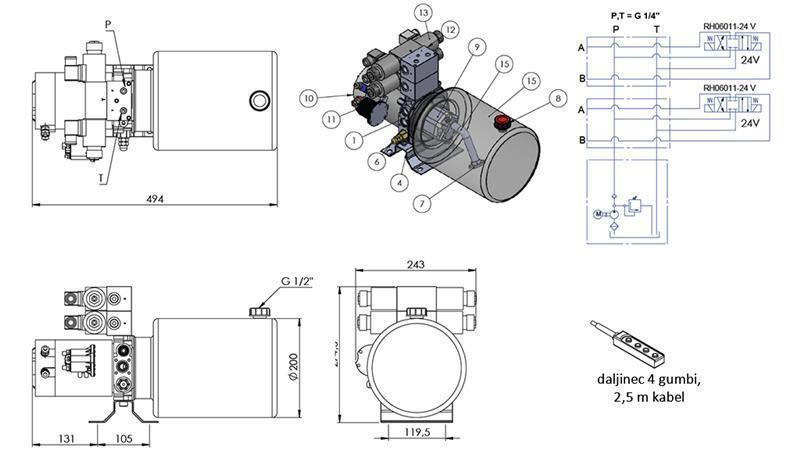 MINI HYDRAULICKÝ AGREGÁT 24V DC - 2.2kW = 2.1cc - 8 lit - 2x obojsmerná zostava (kov)