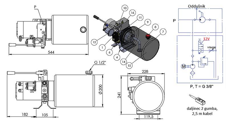MINI HIDRAULIČKI AGREGAT 12V DC - 1.6kW = 2.1cc - 8 lit - jednosmjerna montaža S RUČNOM PUMPOM