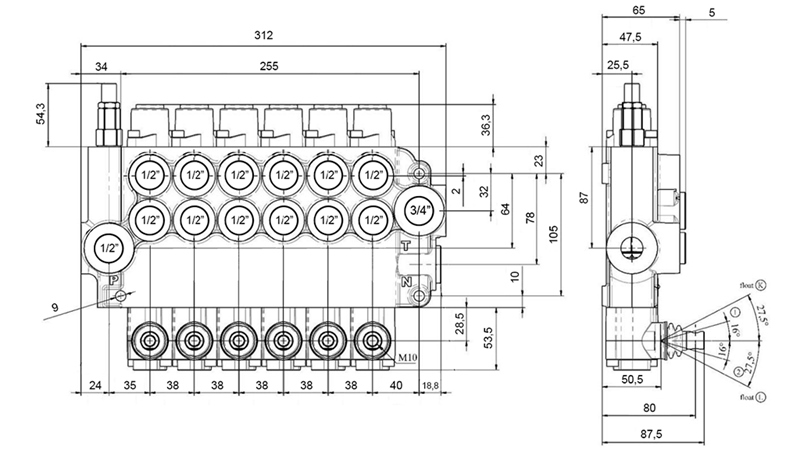 RUČNÝ HYDRAULICKÝ VENTIL MONOBLOKOVÝ 6xZ80