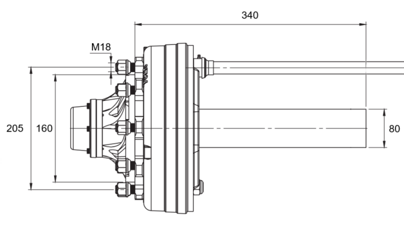 HALVAKSEL MED BREMSER - 4400 kg (6 SKRUER) - 340 mm