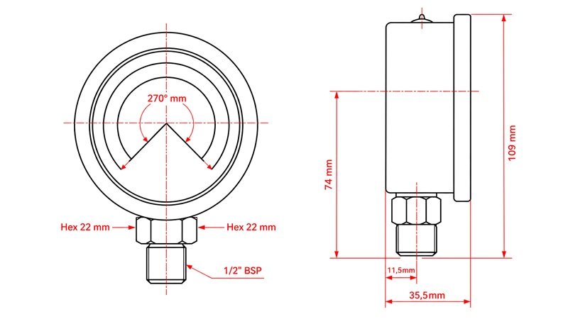 MANOMETER DN100 VERTICAL 0 - 250 BAR - 1/2
