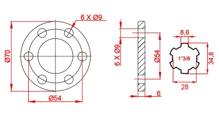 KARDĀNA ADAPTERIS AR ATLĒGU 6 CAURUMI 1-3/8 (90 mm)