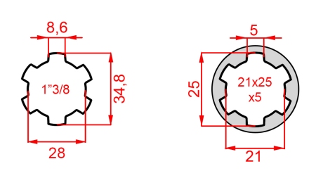 KARDĀNA ADAPTERIS NO 21x25x5 (6 RIEVAS) UZ 1-3/8 (140 mm)