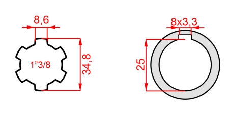 KARDANOVÝ ADAPTÉR 1-3/8 - OTVOR fi 25 mm (145 mm)