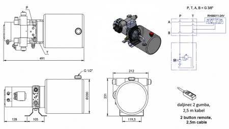 MINI HIDRAULISKĀ EĻĻAS DZESĒTĀJS 24V DC - 2.2kW = 2.1cc - 8 lit - divvirzienu vienība (metāls)