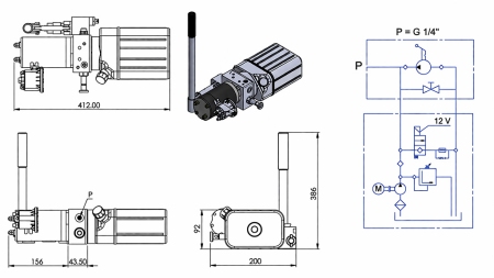 MINI HYDRAULIC POWER-PACK UNIT 12V DC - 0.8KW = 0.5CC - 1.5 LITERS - SINGLE-ACTING ASSEMBLY (PVC) WITH HAND PUMP