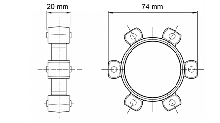 HVIEZDICOVÁ SPOJKA PRE GUMOVÚ VLOŽKU ND16-ND17 (74mm)