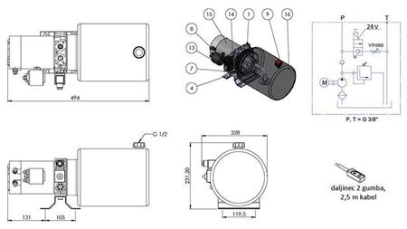 MINI AGGREGATO IDRAULICO 24V DC - 2.2kW = 2.1cc - 8 lit - assemblaggio unidirezionale (metallo)