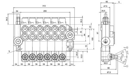 RUČNÝ HYDRAULICKÝ VENTIL MONOBLOKOVÝ 6xZ80