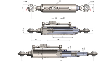 TELESCOPIC HYDRAULIC TOP LINK STANDARD - CAT. 2 (45-95 HP) - 480-811 mm (25,4/25,4 mm)